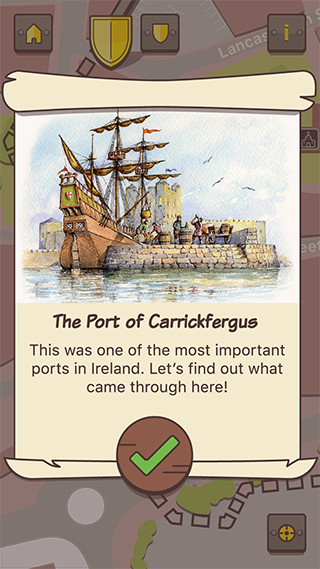 Atrium item found screen - Kids 'n' Castles theme showing Port of Carrickfergus